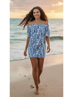 VINEYARD VINES NWOT Harbor Scene Off the Shoulder Dress in Marlin Blue-Size XXS